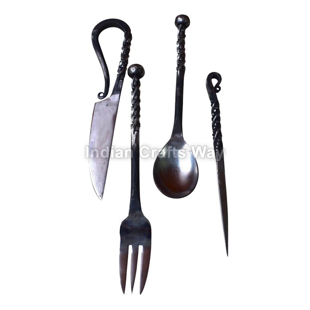 Hand Forged Medieval Iron Cutlery Set With Food Stick 