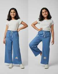 Kids Girls Fancy Dress - Cotton Blend Pullover Top & Wide-leg Denim Pants, Breathable Soft Touch, Double-stitched Seams