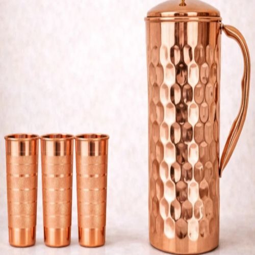 Traditional Indian Copper Water Pitcher with Lid