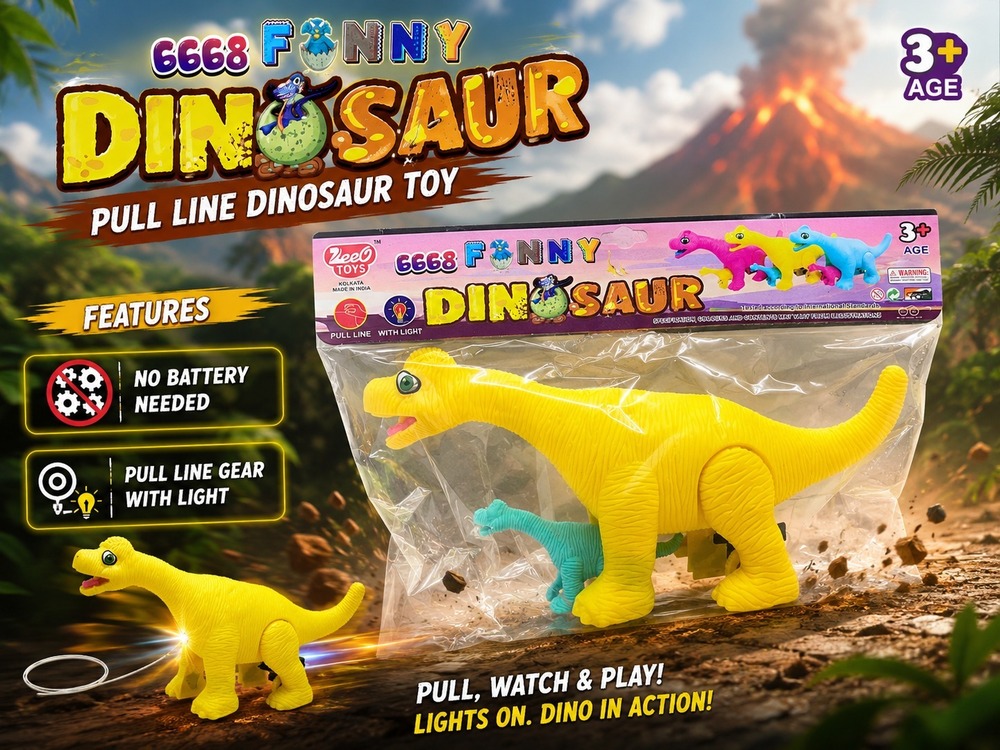 Dinosaur Toy - ABS Plastic, Standard Size, Yellow with Blue & Green Minis, Pull-Back Light Action