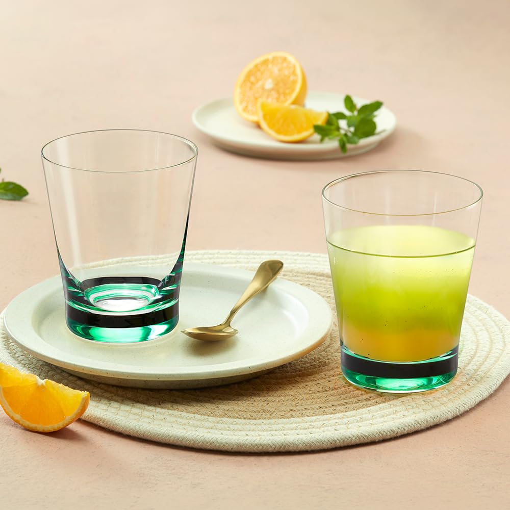 Borosil 250ml x 2pc Orra Green Glass Set | Tumblers with Color Base | Stylish Drinking Glasses for Water, Juice & Soft Drinks | Elegant Glassware for Home, Parties & Gifting BGFGSD00026