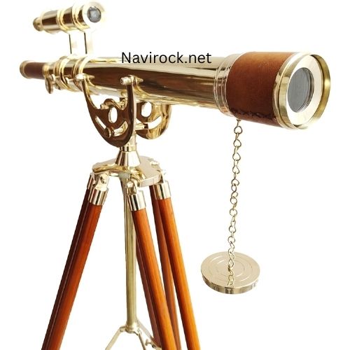 Vintage Telescope Double Barrel Adjustable Wooden Tripod Shiny Finish Brown Leather Nautical Home Decor & Office