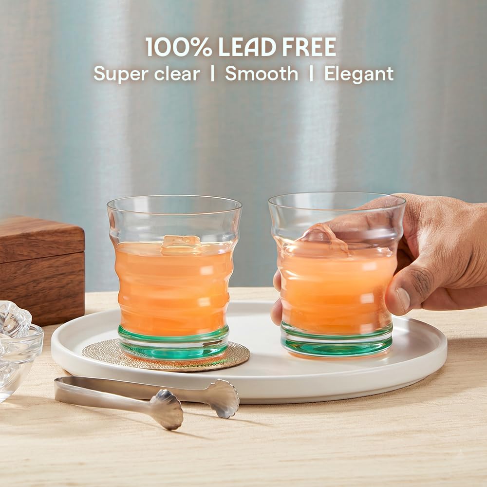 Borosil 250ml x 2pc Diana Green Glass Set | Tumblers with Color Base | Stylish Drinking Glasses for Water, Juice & Soft Drinks | Elegant Glassware for Home, Parties & Gifting 