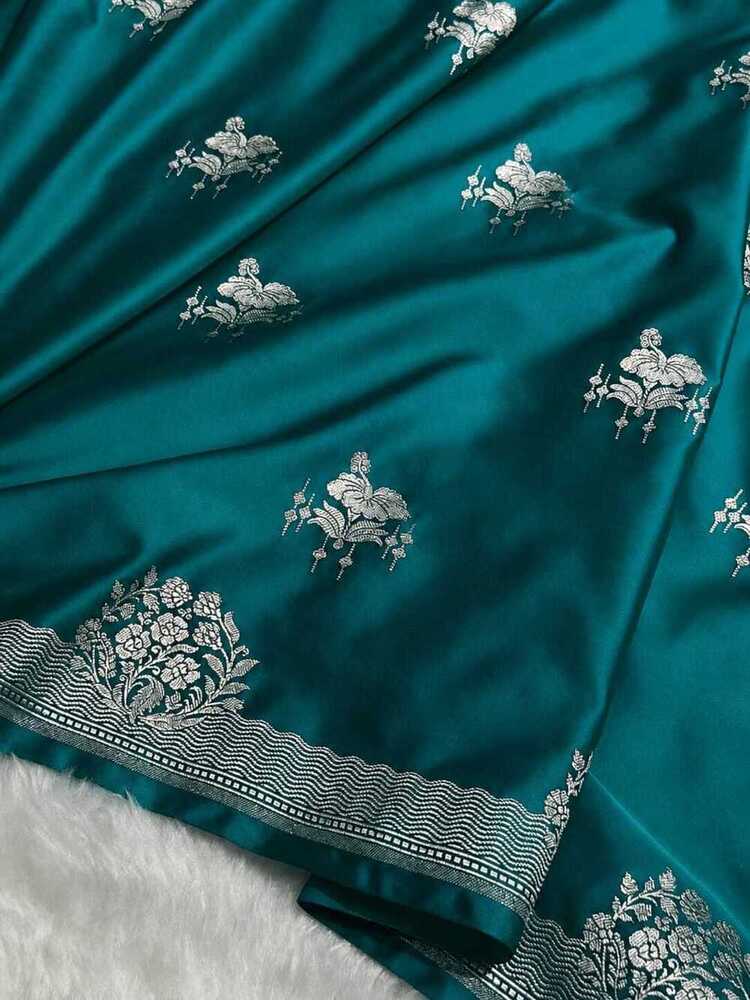 Teal Blue Banarasi Floral Buti Mashru Silk Saree