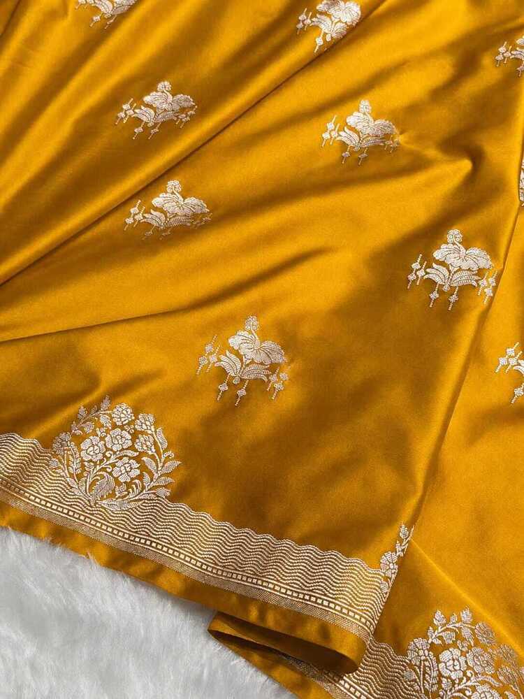 Mustard Yellow Banarasi Floral Buti Mashru Silk Saree