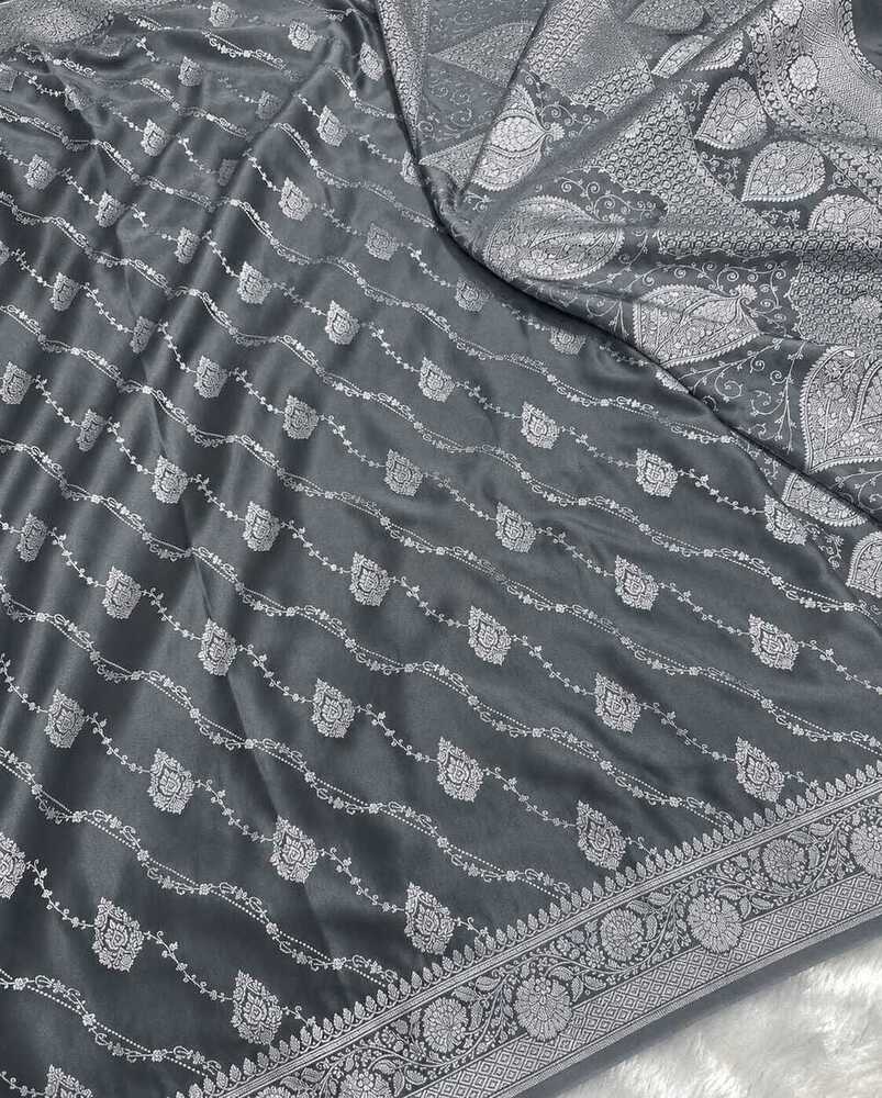 Slate Grey Banarasi Laheriya Buti Mashru Silk Saree