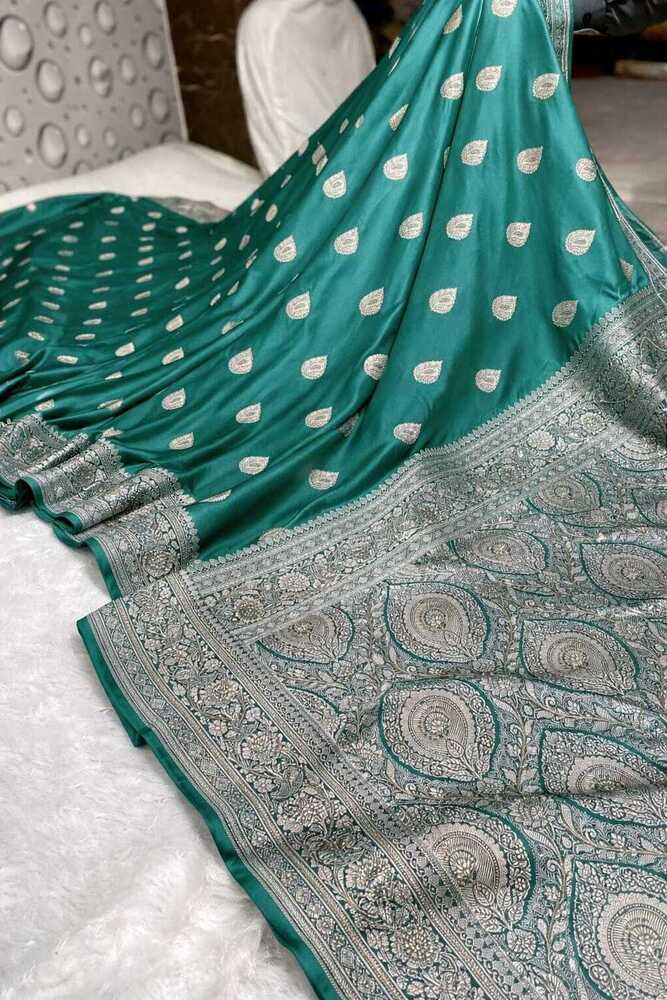 Turquoise Green Banarasi Paisley Buti Mashru Silk Saree