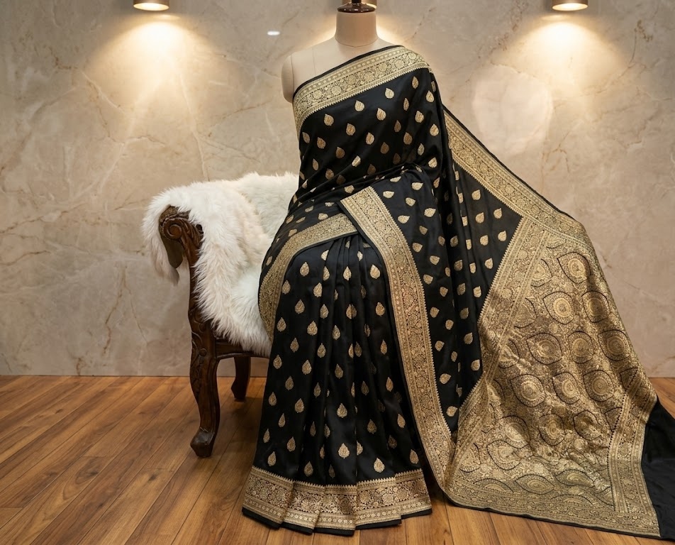 Classic Black Banarasi Paisley Zari Mashru Silk Saree