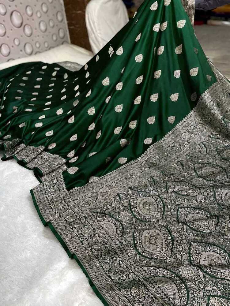 Bottle Green Banarasi Floral Buti Mashru Silk Saree