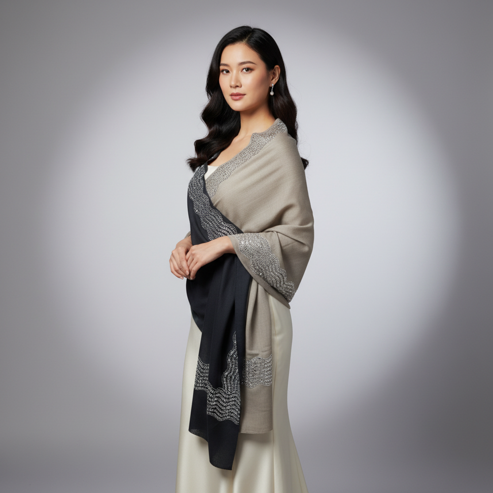 Merino wool 4 side border mirror work stole