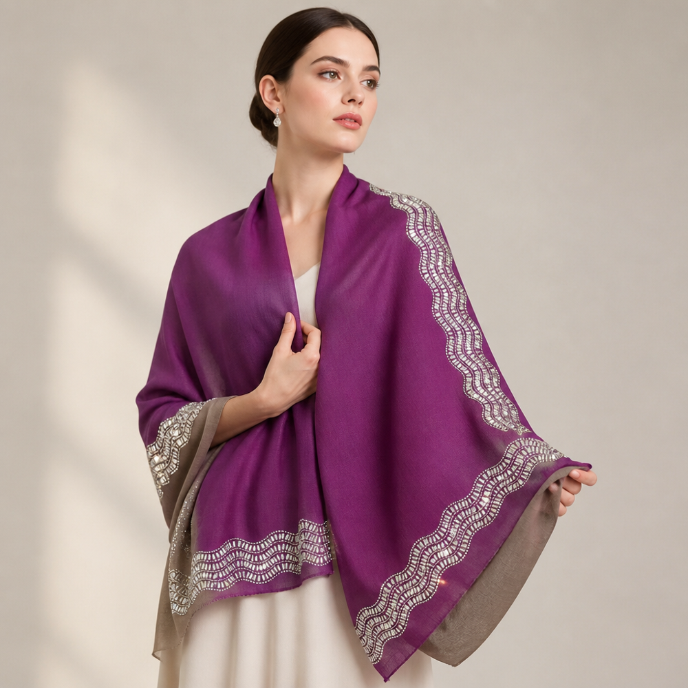 Merino wool 4 side border mirror work stole