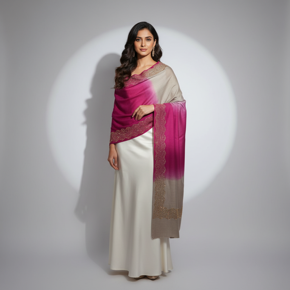 Merino wool 4 side border mirror work stole