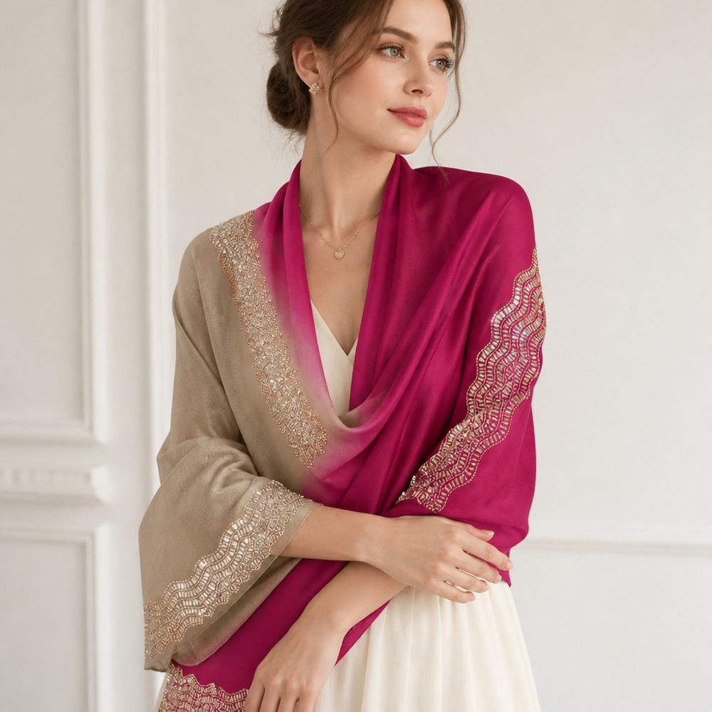 Merino wool 4 side border mirror work stole