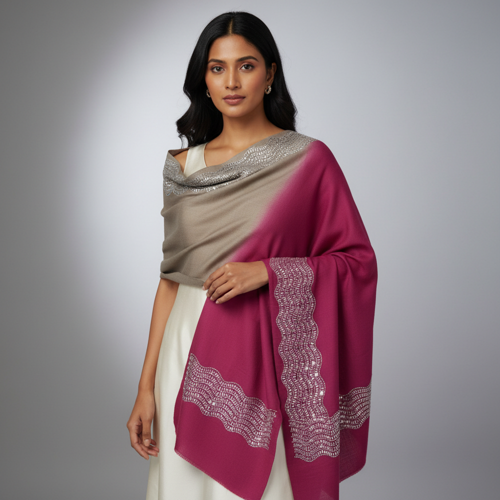 Merino wool 4 side border mirror work stole