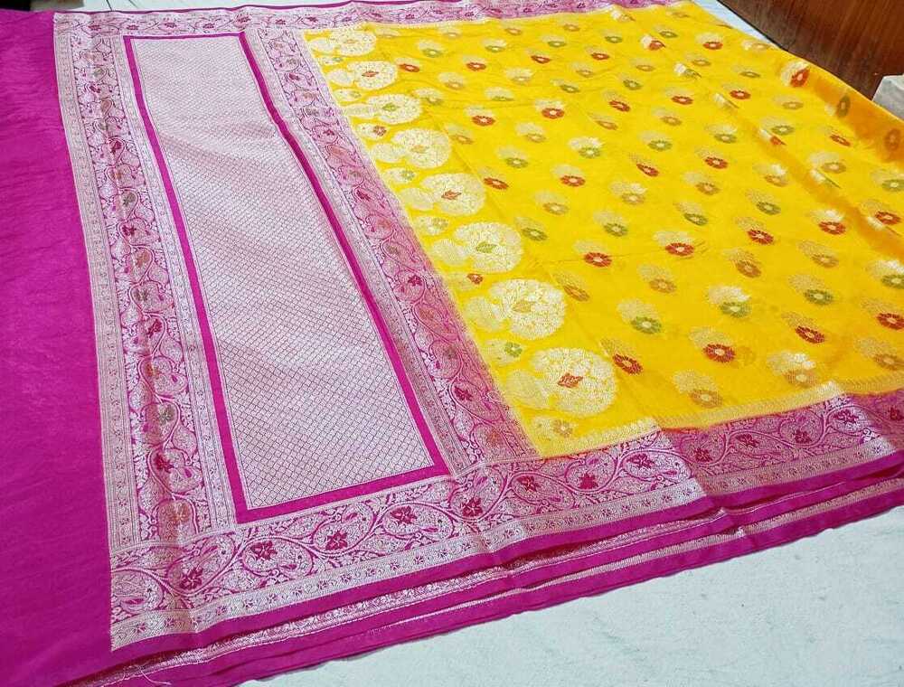 Banarasi Dupien Silk Meenakari Buta Contrast Sare