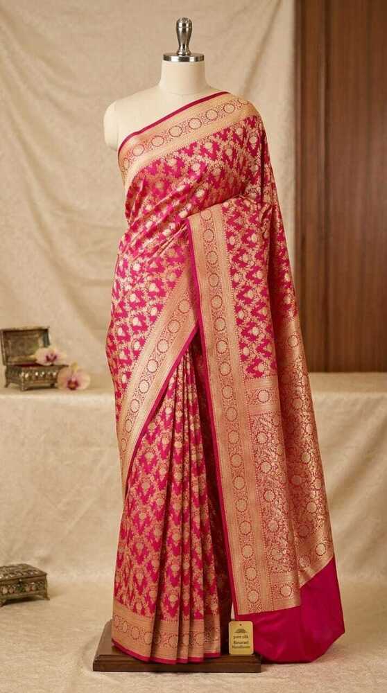 Rani Pink Katan Single Jaal Silk Saree