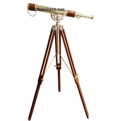 Nautical Personalized Engraved Shiny Brass Telescope Single Barrel Vintage Floor Standing Wooden Tripod Brown Leather Home Decor