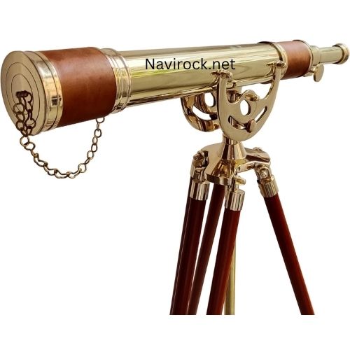 Nautical Personalized Engraved Shiny Brass Telescope Single Barrel Vintage Floor Standing Wooden Tripod Brown Leather Home Decor