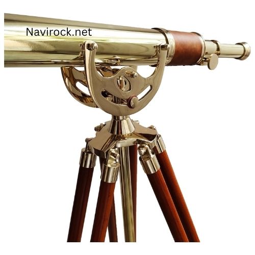 Nautical Personalized Engraved Shiny Brass Telescope Single Barrel Vintage Floor Standing Wooden Tripod Brown Leather Home Decor
