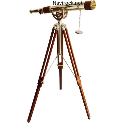 Nautical Personalized Engraved Shiny Brass Telescope Single Barrel Vintage Floor Standing Wooden Tripod Brown Leather Home Decor