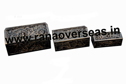 Antique Look Wooden Box - Polished Wood, 4x6, 8x5 & 10x4 Inches | Customized Color, Carved Folk Art Design, Nautical Theme for Jewellery and Home Decoration