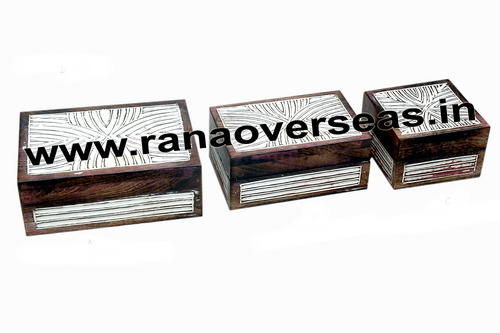 Antique Look Wooden Box - Polished Wood, Size 4x6, 8x5 & 10x4 Inches | Custom Color, Intricate Carvings, Folk Art and Nautical Style, Perfect for Jewellery and Home Decoration