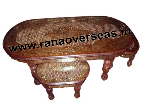 Brown Wooden Hand Carved Brass Inlay Center Table
