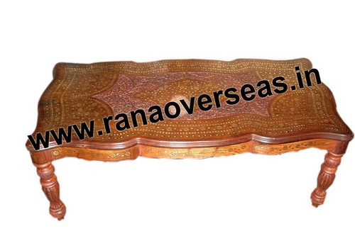 Brown Wooden Hand Carved Brass Inlay Center Table 