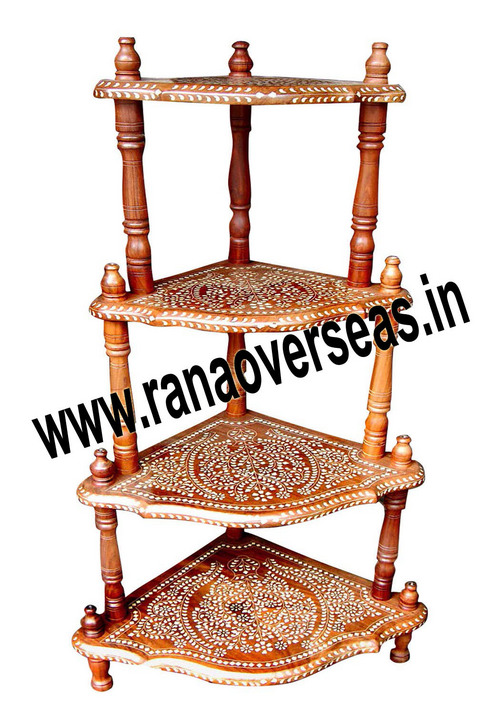 Brown Wooden Carved White Inlay Corner Rack