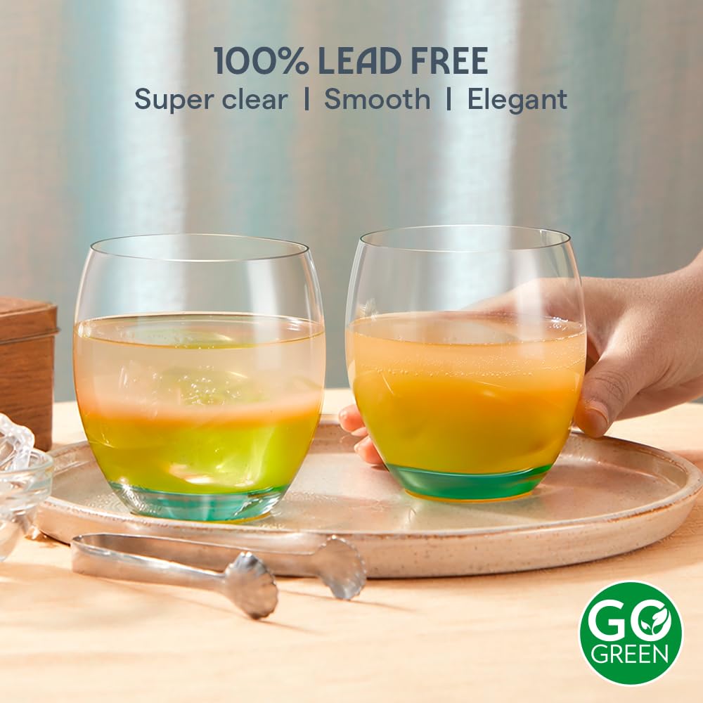 Borosil 400ml x 6pc Bliss Green Glass Set | Tumblers with Color Base | Stylish Drinking Glasses for Water, Juice & Soft Drinks | Elegant Glassware for Home, Parties & Gifting BGFGSD00049