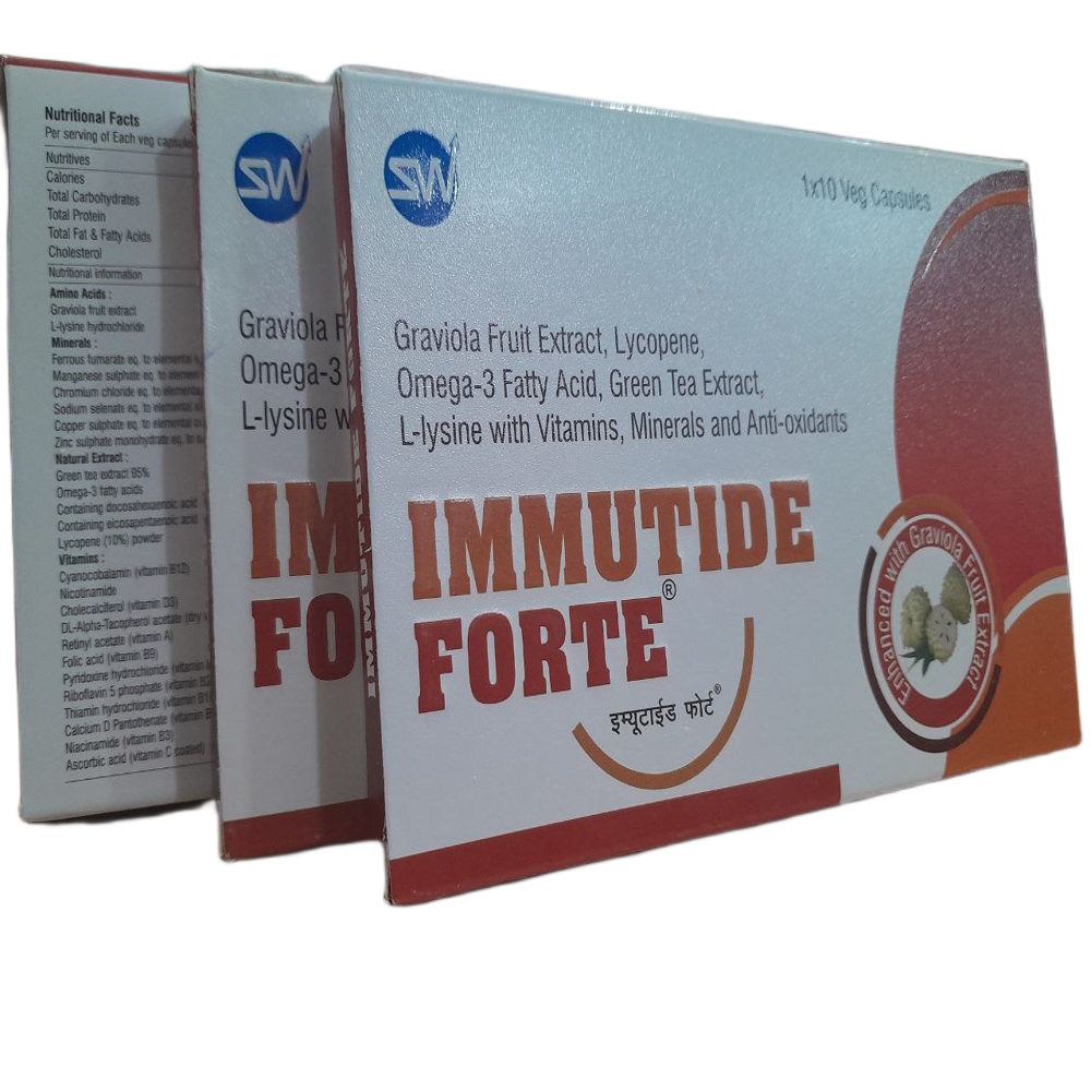 Immutide Forte - Graviola Fruit Extract, Lycopene, Omega-3 Fatty Acid, Green Tea Extract, L-Lysine with Vitamins, Minerals and Anti-oxidants Capsules