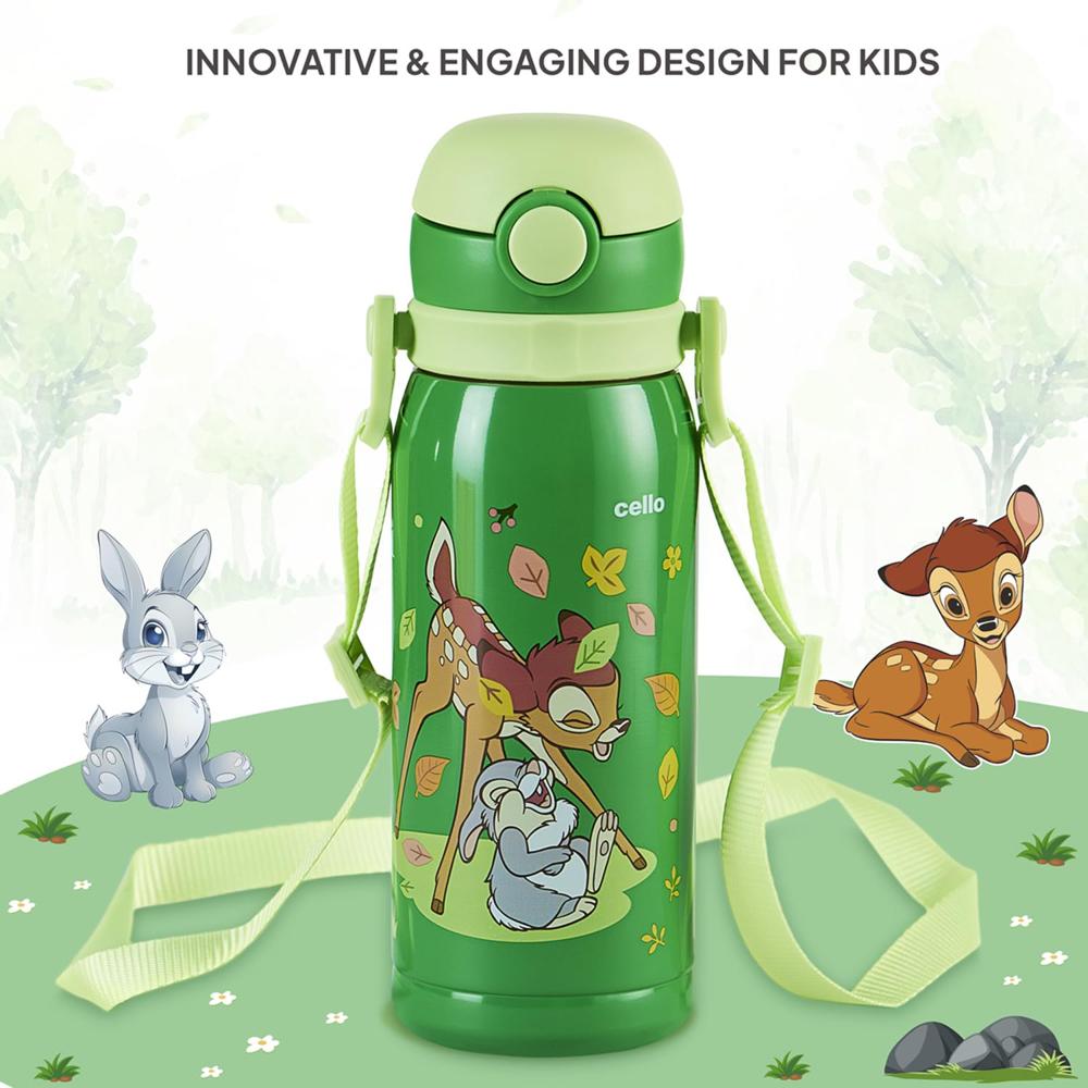 CELLO Ever Pop Insulated Stainless Steel Kids Flask 440 ml, Green | Leakproof Push Button Open Double Wall Insulated Hot & Cold Thermosteel Kids Sipper Water Bottle for School, Travel & Daily Use