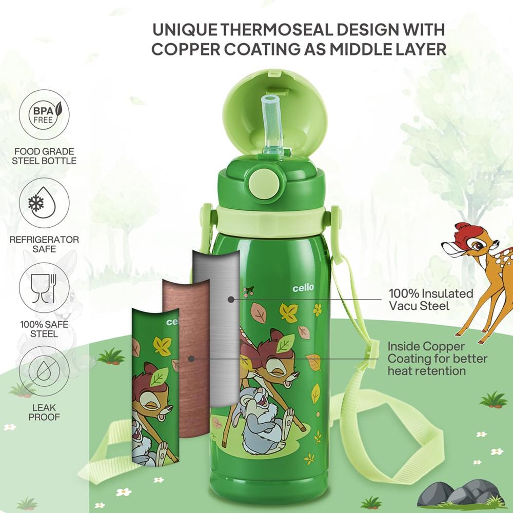 CELLO Ever Pop Insulated Stainless Steel Kids Flask 440 ml, Green | Leakproof Push Button Open Double Wall Insulated Hot & Cold Thermosteel Kids Sipper Water Bottle for School, Travel & Daily Use