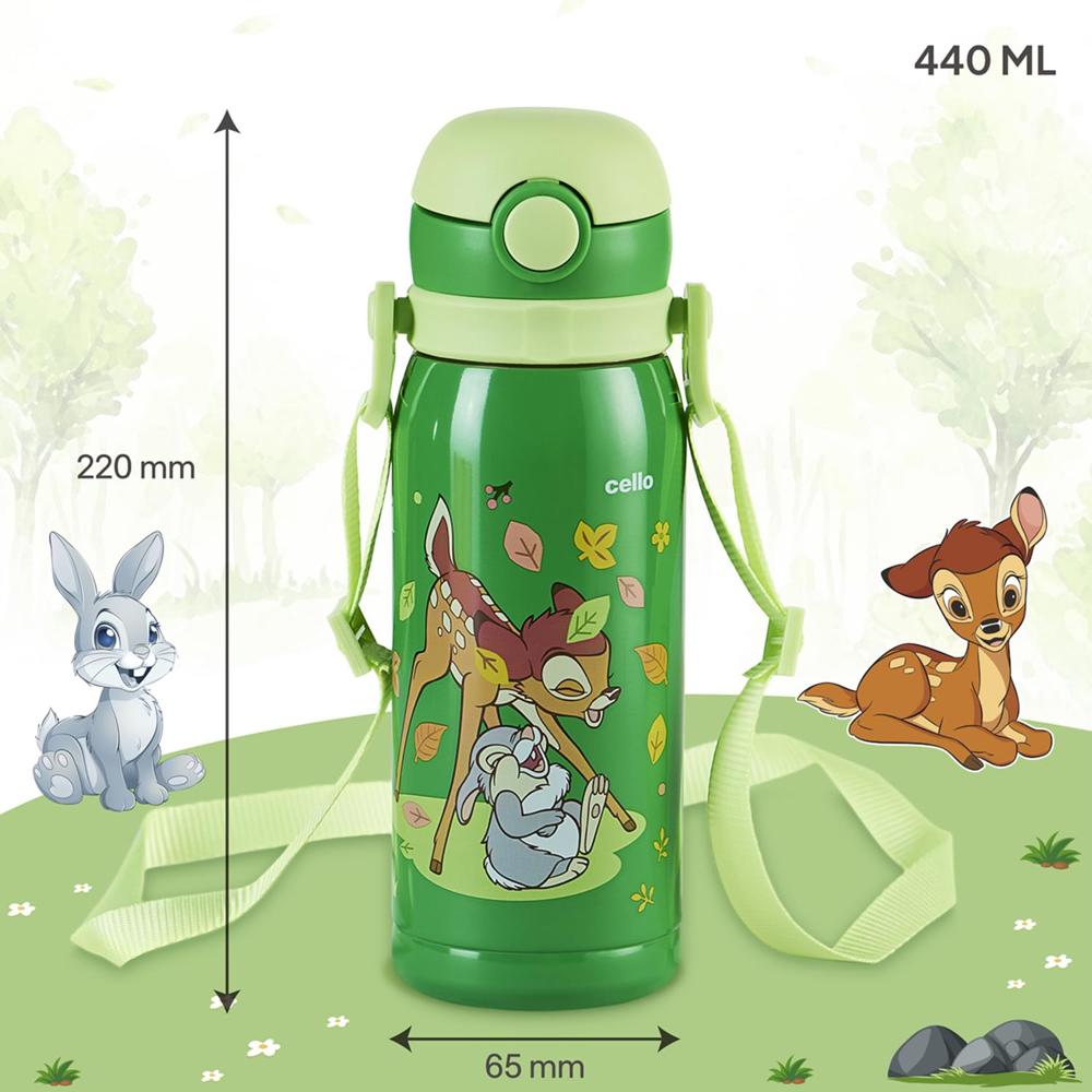 CELLO Ever Pop Insulated Stainless Steel Kids Flask 440 ml, Green | Leakproof Push Button Open Double Wall Insulated Hot & Cold Thermosteel Kids Sipper Water Bottle for School, Travel & Daily Use