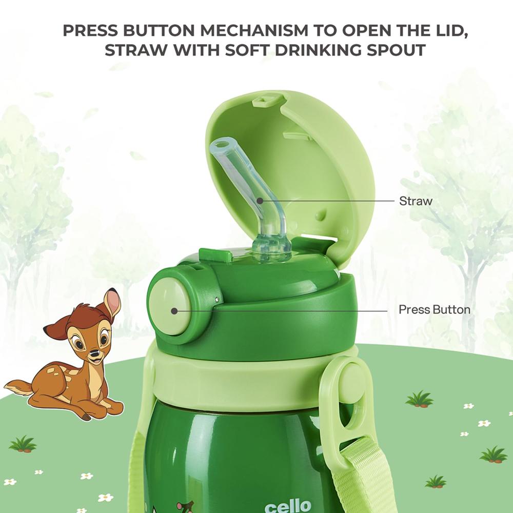 CELLO Ever Pop Insulated Stainless Steel Kids Flask 440 ml, Green | Leakproof Push Button Open Double Wall Insulated Hot & Cold Thermosteel Kids Sipper Water Bottle for School, Travel & Daily Use