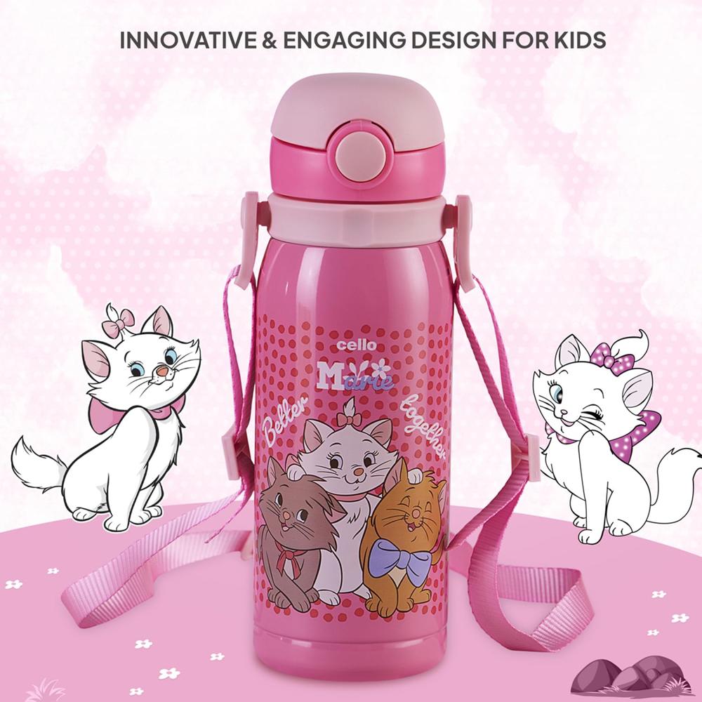 CELLO Ever Pop Insulated Stainless Steel Kids Flask 440 ml, Pink | Leakproof Push Button Open Double Wall Insulated Hot & Cold Thermosteel Kids Sipper Water Bottle for School, Travel & Daily Use