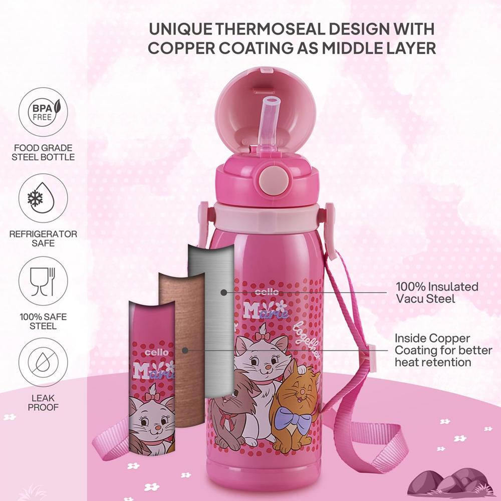 CELLO Ever Pop Insulated Stainless Steel Kids Flask 440 ml, Pink | Leakproof Push Button Open Double Wall Insulated Hot & Cold Thermosteel Kids Sipper Water Bottle for School, Travel & Daily Use