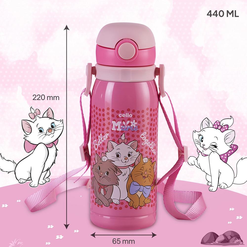 CELLO Ever Pop Insulated Stainless Steel Kids Flask 440 ml, Pink | Leakproof Push Button Open Double Wall Insulated Hot & Cold Thermosteel Kids Sipper Water Bottle for School, Travel & Daily Use