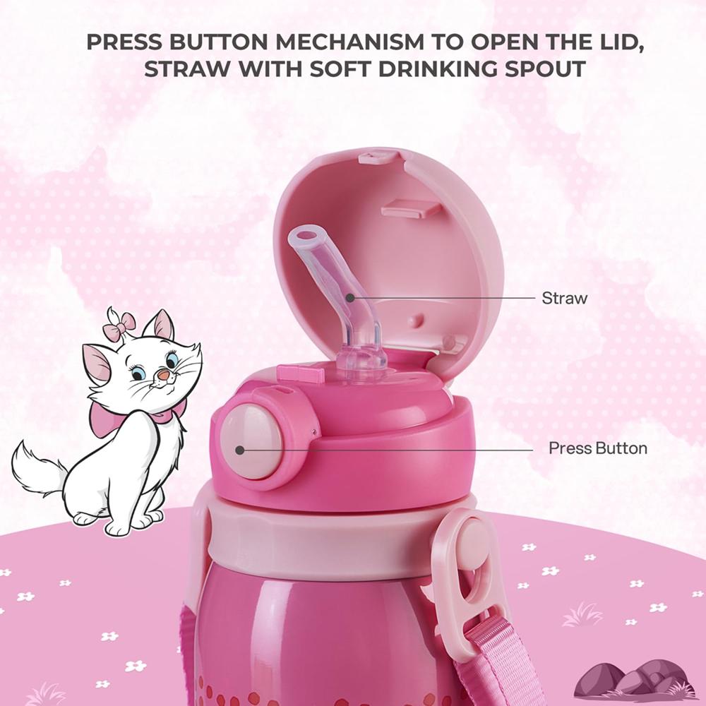 CELLO Ever Pop Insulated Stainless Steel Kids Flask 440 ml, Pink | Leakproof Push Button Open Double Wall Insulated Hot & Cold Thermosteel Kids Sipper Water Bottle for School, Travel & Daily Use