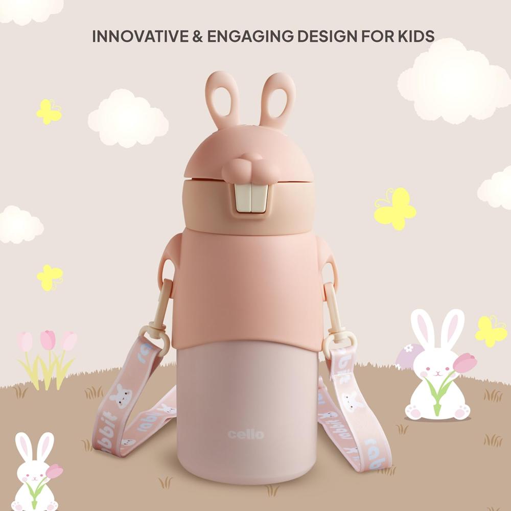 Cello Bunny Kids Stainless Steel Flask 500ml, Peach | Double Walled Vacuum Insulated Technology | One Click Push Button to Open | Ideal for School, Sports, Picnics
