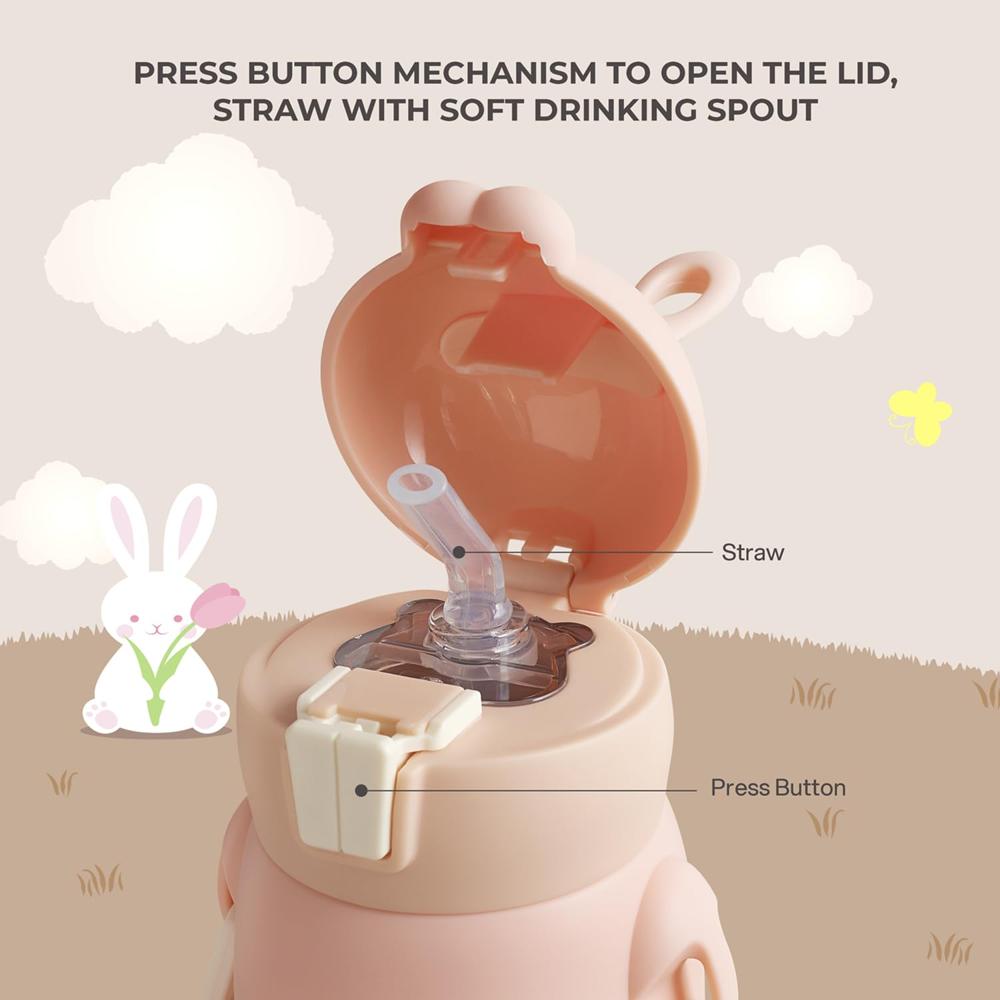 Cello Bunny Kids Stainless Steel Flask 500ml, Peach | Double Walled Vacuum Insulated Technology | One Click Push Button to Open | Ideal for School, Sports, Picnics