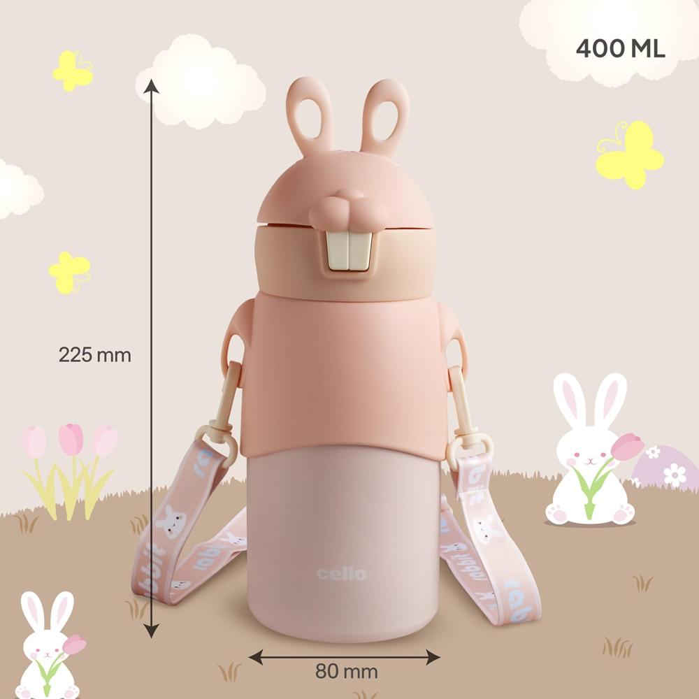 Cello Bunny Kids Stainless Steel Flask 500ml, Peach | Double Walled Vacuum Insulated Technology | One Click Push Button to Open | Ideal for School, Sports, Picnics