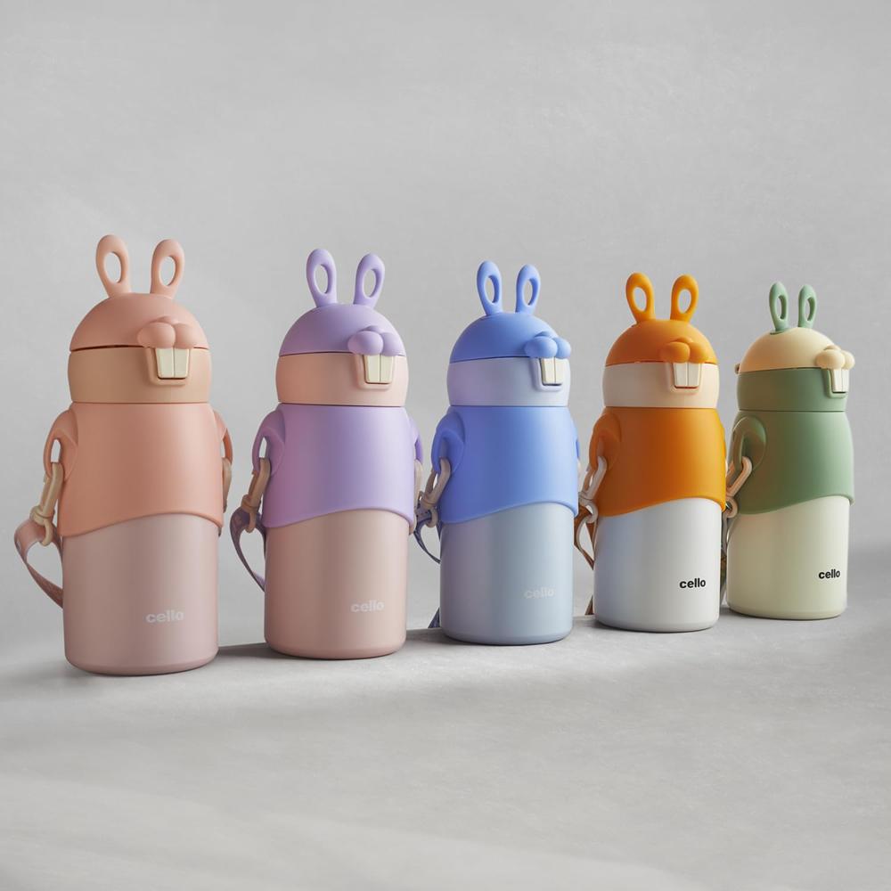 Cello Bunny Kids Stainless Steel Flask 500ml, Peach | Double Walled Vacuum Insulated Technology | One Click Push Button to Open | Ideal for School, Sports, Picnics
