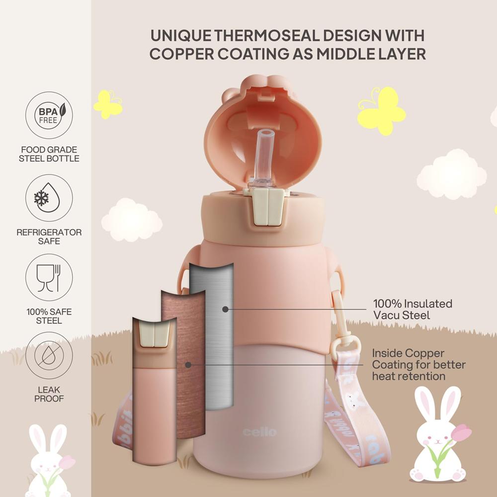 Cello Bunny Kids Stainless Steel Flask 500ml, Peach | Double Walled Vacuum Insulated Technology | One Click Push Button to Open | Ideal for School, Sports, Picnics