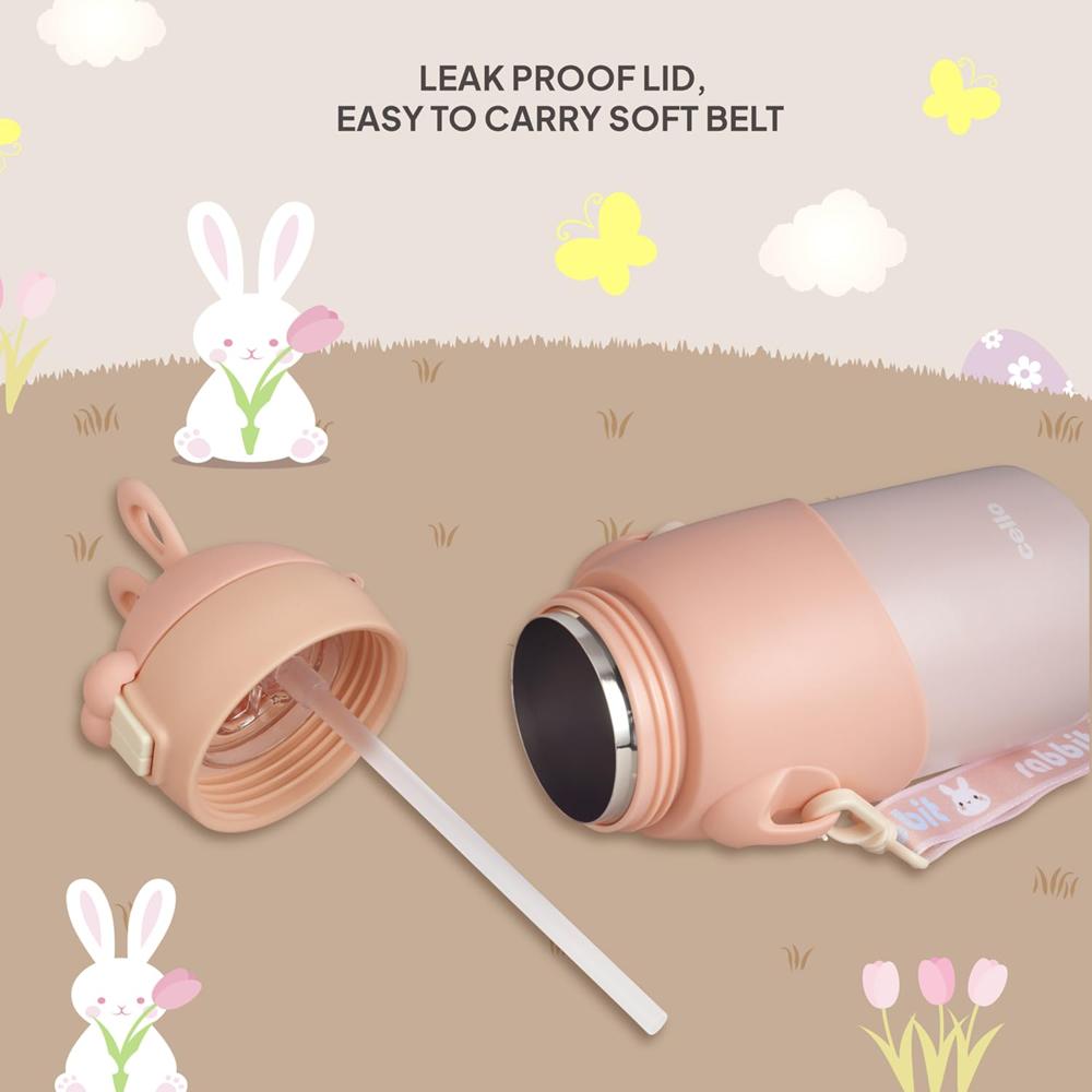 Cello Bunny Kids Stainless Steel Flask 500ml, Peach | Double Walled Vacuum Insulated Technology | One Click Push Button to Open | Ideal for School, Sports, Picnics