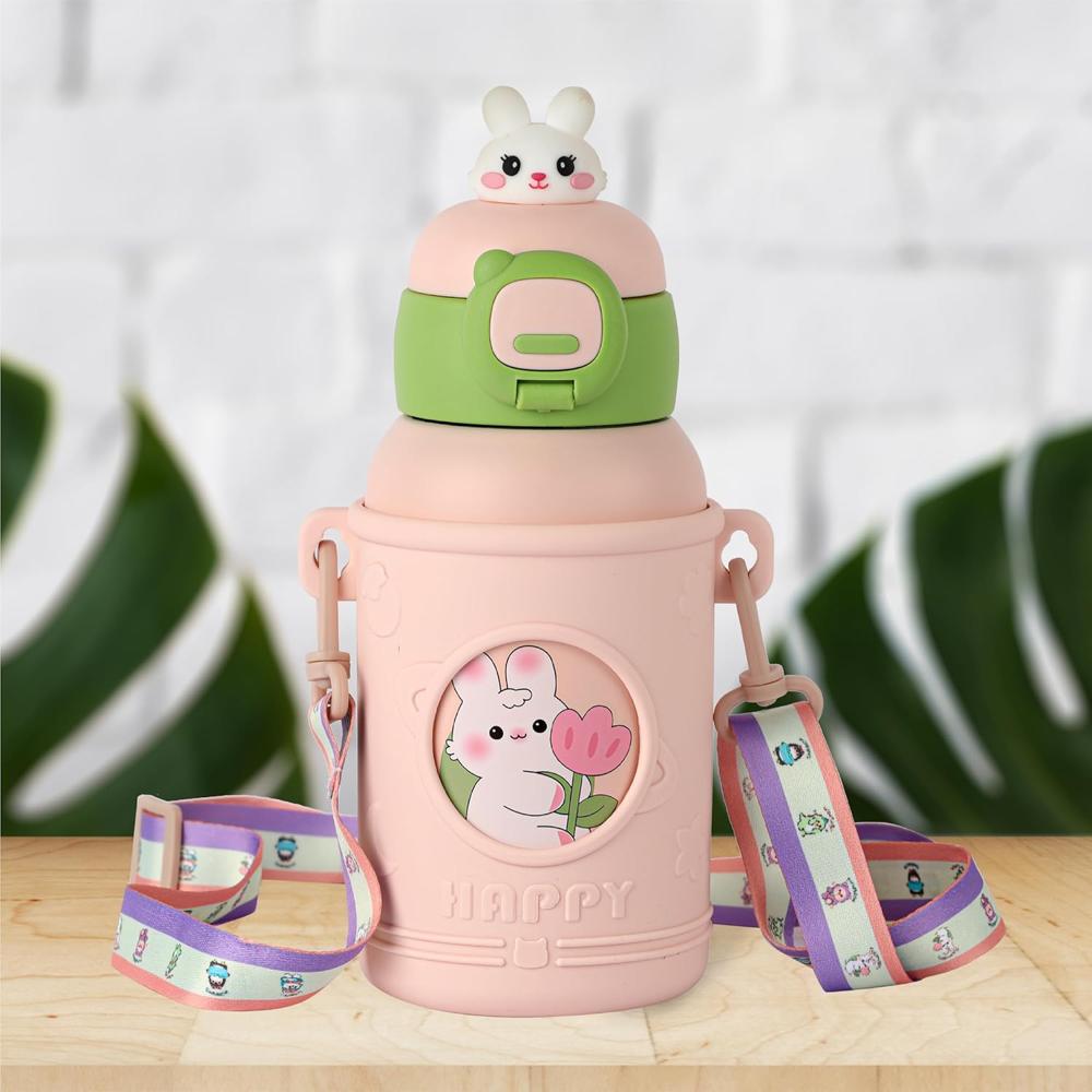 CELLO Kidzbee Babylop Insulated Stainless Steel Flask 500 ml Peach | Vacuum Insulated Hot & Cold, Easy Press Open Leakproof & Rustproof, Easy to Carry with Loop Thermosteel Kids Flask Water Bottle