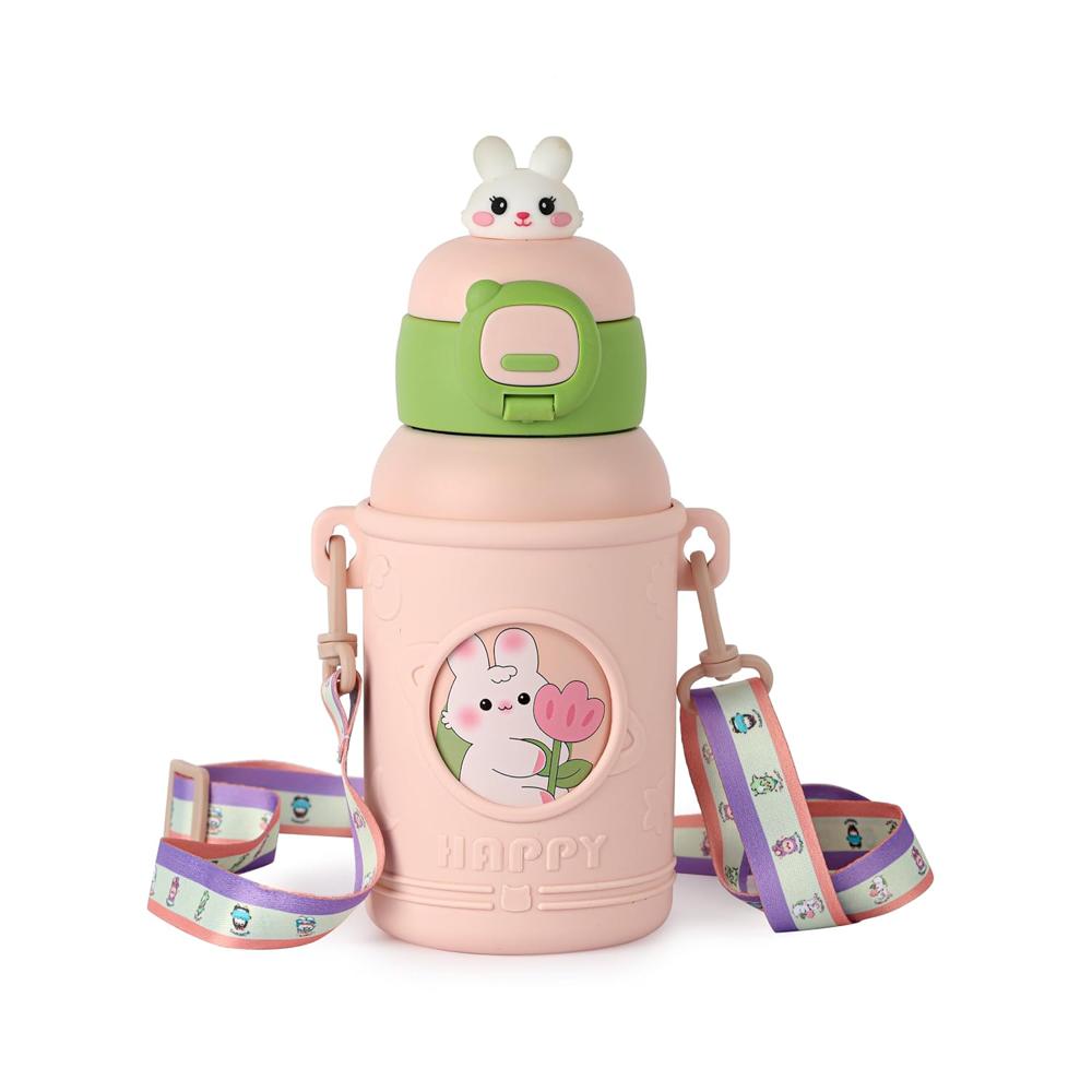 CELLO Kidzbee Babylop Insulated Stainless Steel Flask 500 ml Peach | Vacuum Insulated Hot & Cold, Easy Press Open Leakproof & Rustproof, Easy to Carry with Loop Thermosteel Kids Flask Water Bottle