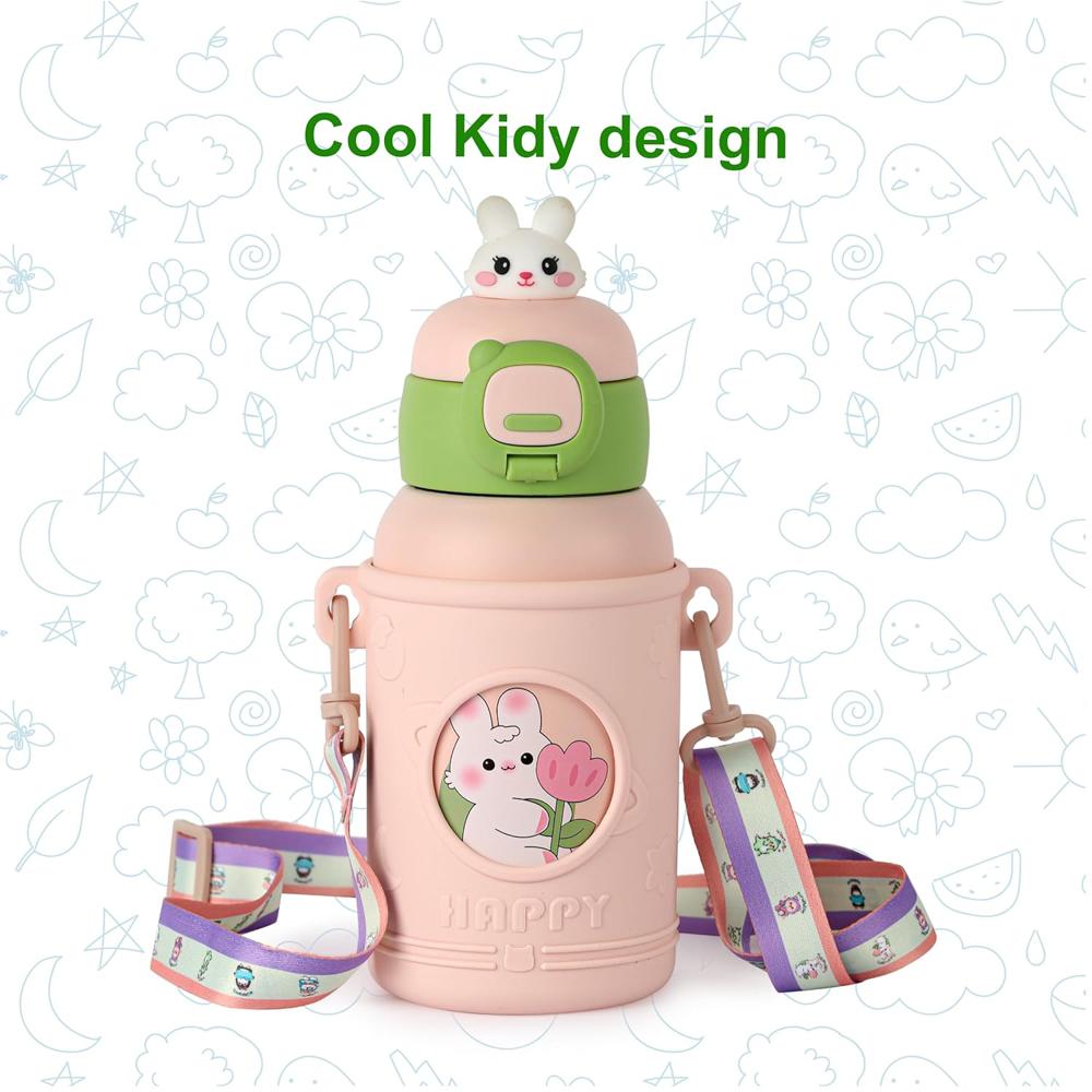 CELLO Kidzbee Babylop Insulated Stainless Steel Flask 500 ml Peach | Vacuum Insulated Hot & Cold, Easy Press Open Leakproof & Rustproof, Easy to Carry with Loop Thermosteel Kids Flask Water Bottle