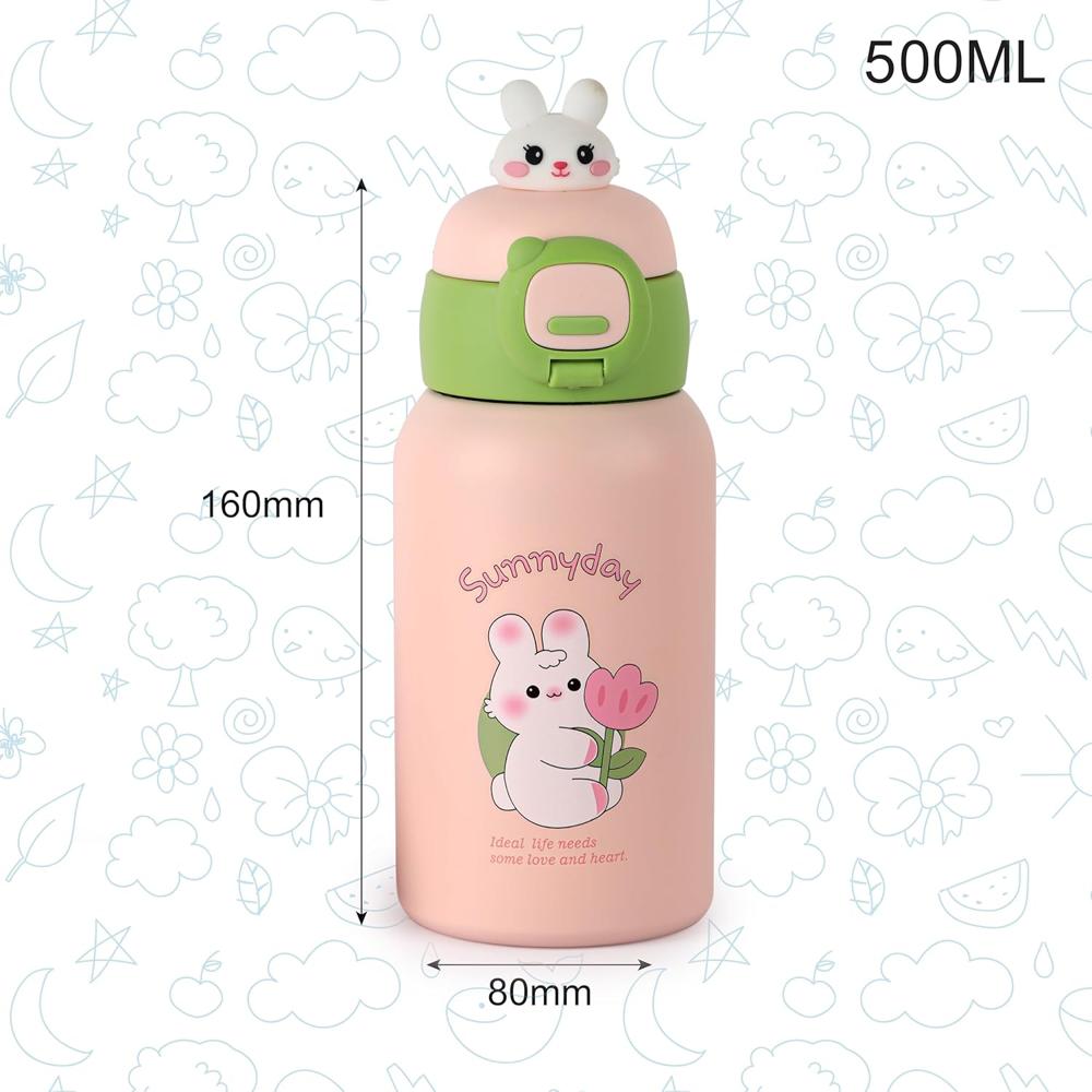 CELLO Kidzbee Babylop Insulated Stainless Steel Flask 500 ml Peach | Vacuum Insulated Hot & Cold, Easy Press Open Leakproof & Rustproof, Easy to Carry with Loop Thermosteel Kids Flask Water Bottle
