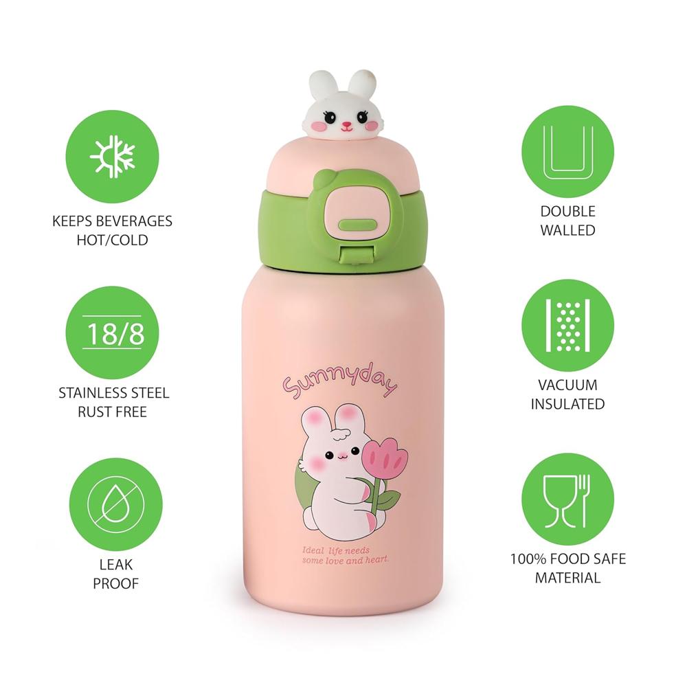 CELLO Kidzbee Babylop Insulated Stainless Steel Flask 500 ml Peach | Vacuum Insulated Hot & Cold, Easy Press Open Leakproof & Rustproof, Easy to Carry with Loop Thermosteel Kids Flask Water Bottle